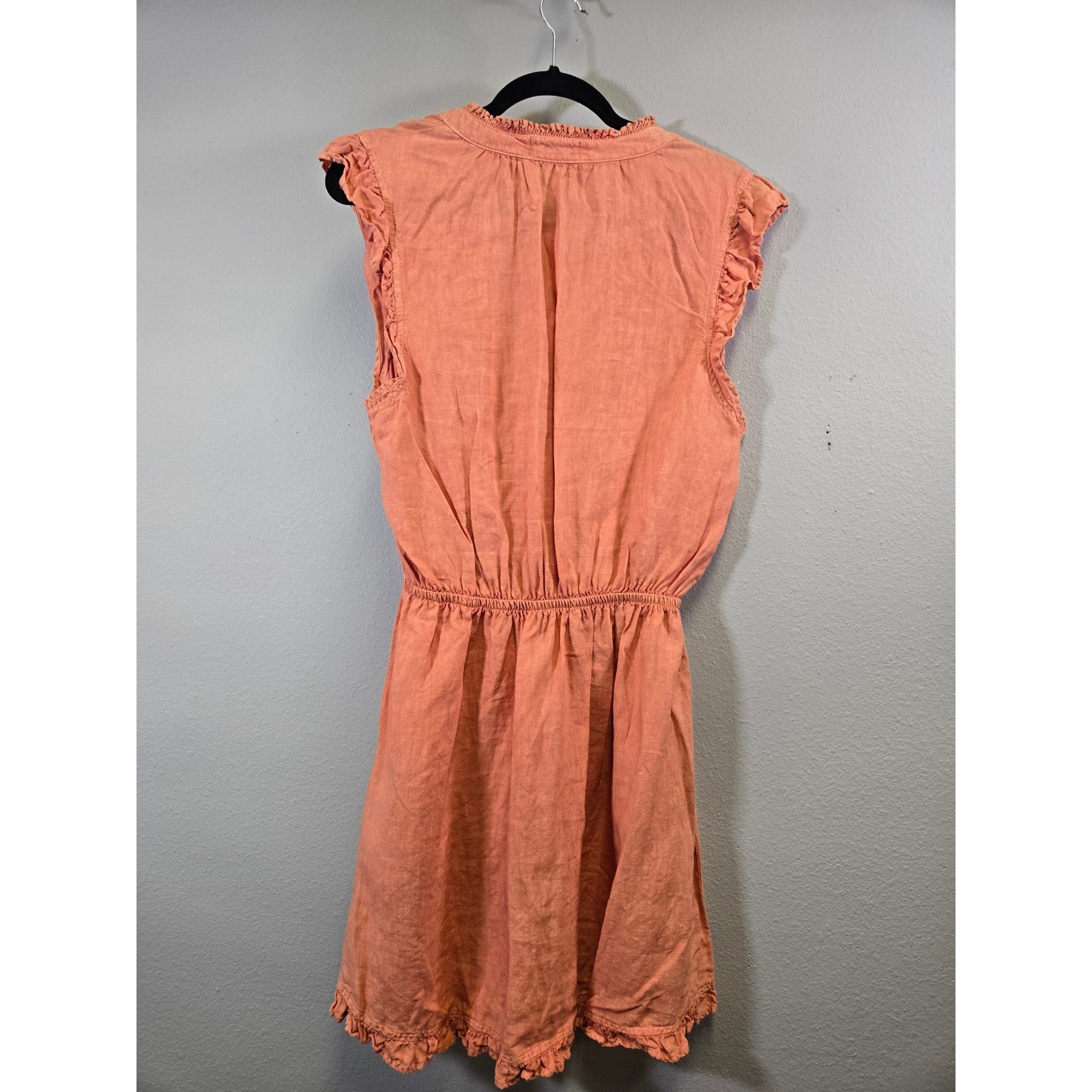 Bella Dahl Linen Boho Ruffle Tie Neck Elastic Waist Mini Dress Orange Large