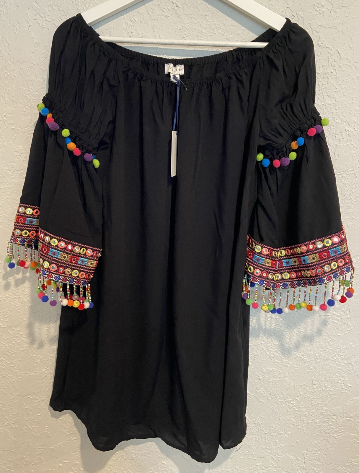 Stellah Dress Womens XS Black Boho Embroidered Pom Pom Off Shoulder NWT