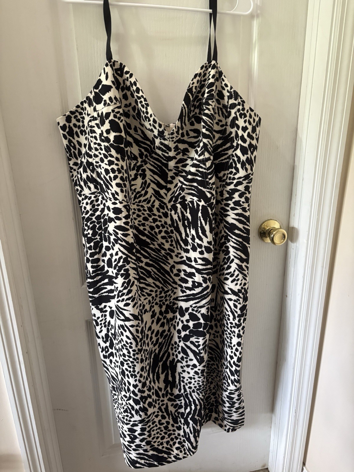 Sergio Hudson Animal Print Dress Size 2x Midi New Spaghetti Strap Black Egg Shel