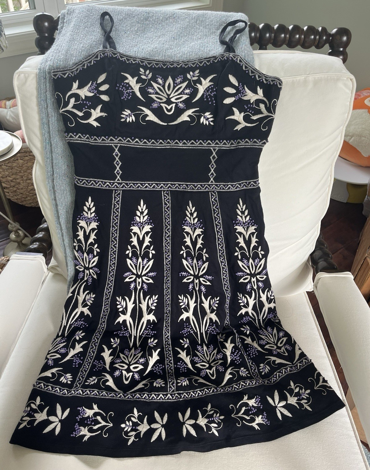 INC International Concepts Black Floral Embroidered Strappy Sundress Short M
