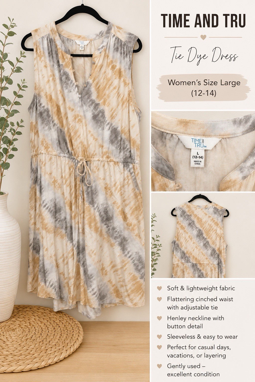 Time and Tru Tie Dye Beige/Gray A-Line Knee Dress L 12-14 Henley Sleeveless