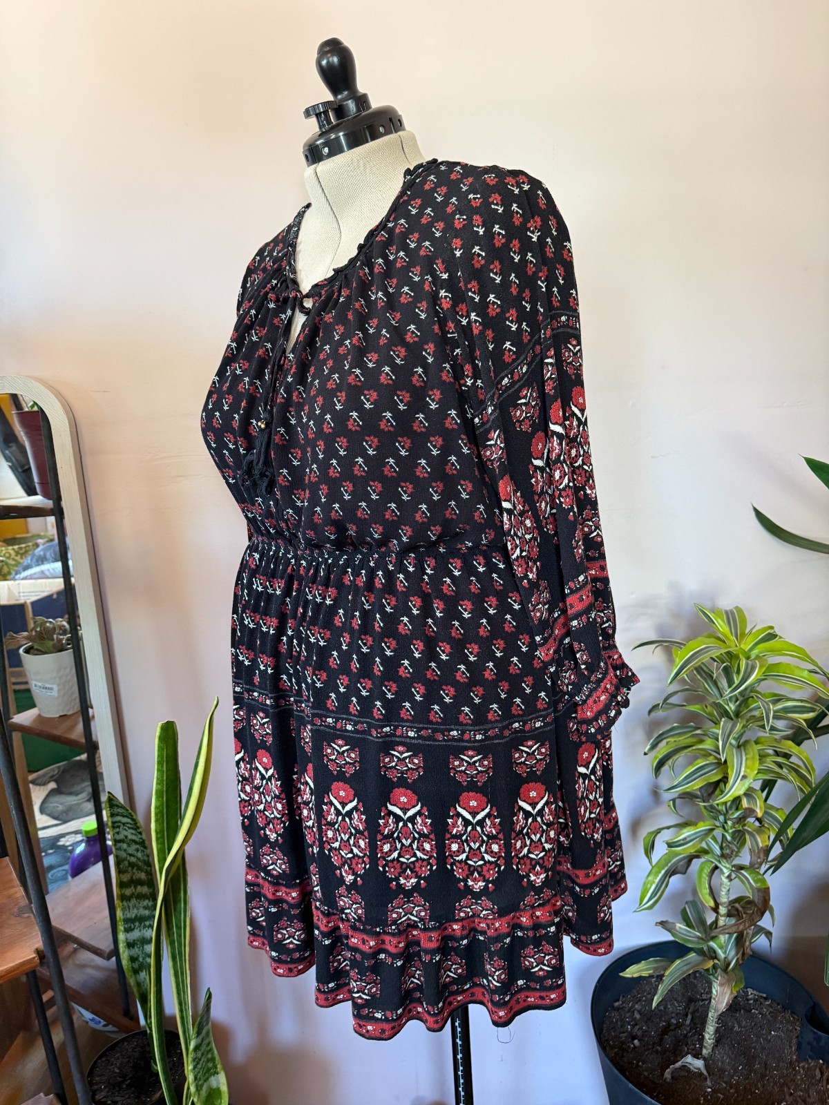 AMERICAN RAG Plus Size 3X women’s short Peasant Dress with 3/4 sleeves black red