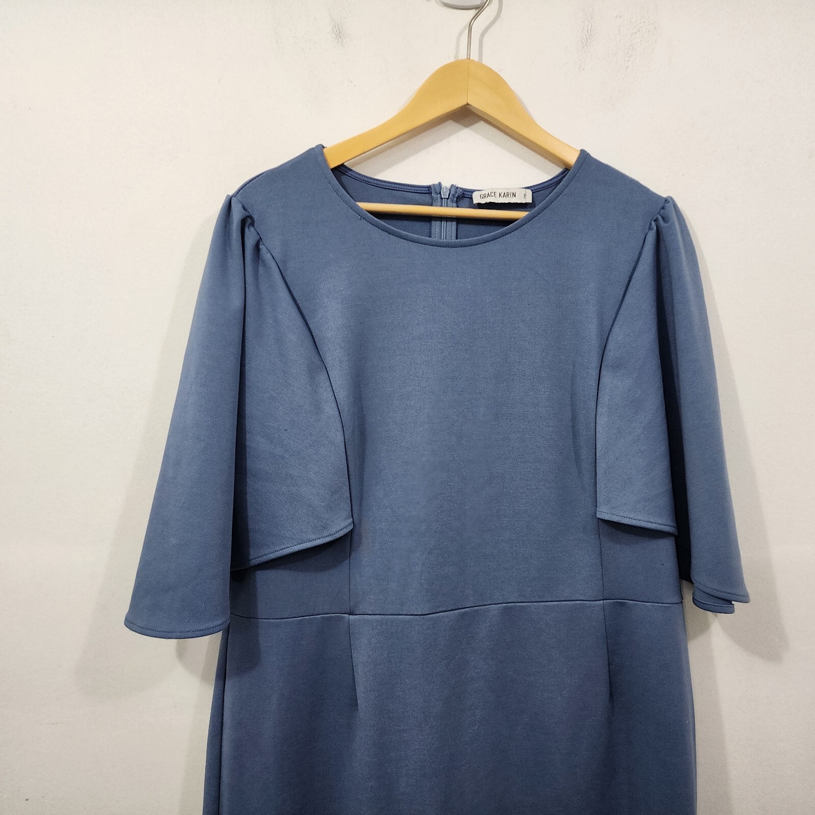 GRACE KARIN 3/4 Ruffle Sleeve Work Party Pencil Dress Blue Gray Plus Size 2XL