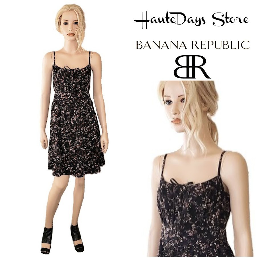 NWT Banana Republic Sun Dress Smocked Tie Front Black Brown White Floral Print M