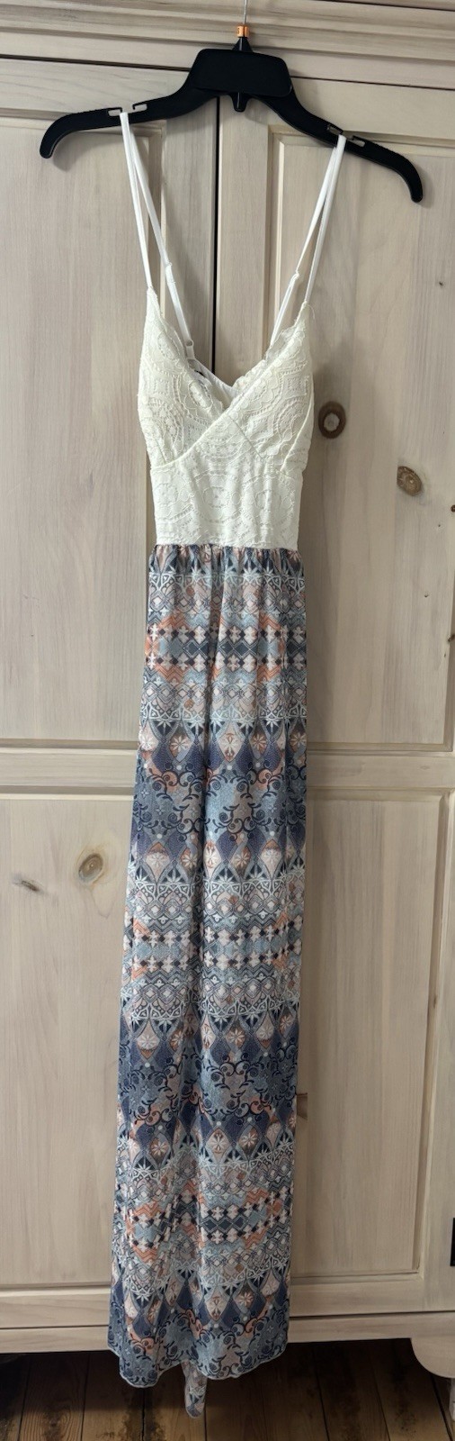 Boho Lace Bodice Maxi Dress Open Cross-Back Geometric Print Long Dress Sz S