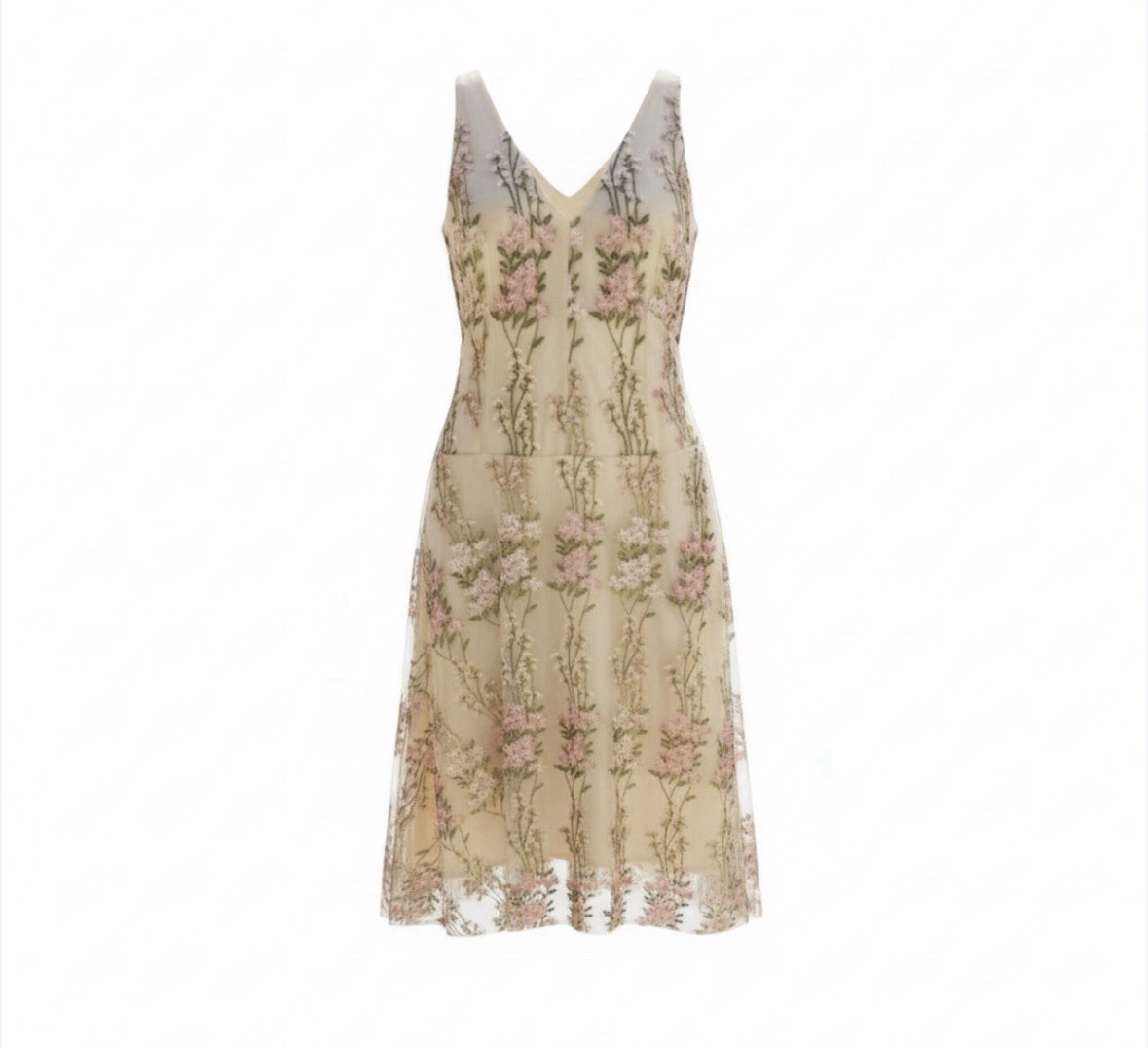 Sleeveless Floral Embroidered Mesh Midi Dress Beige Pink Green V-Neck A-Line