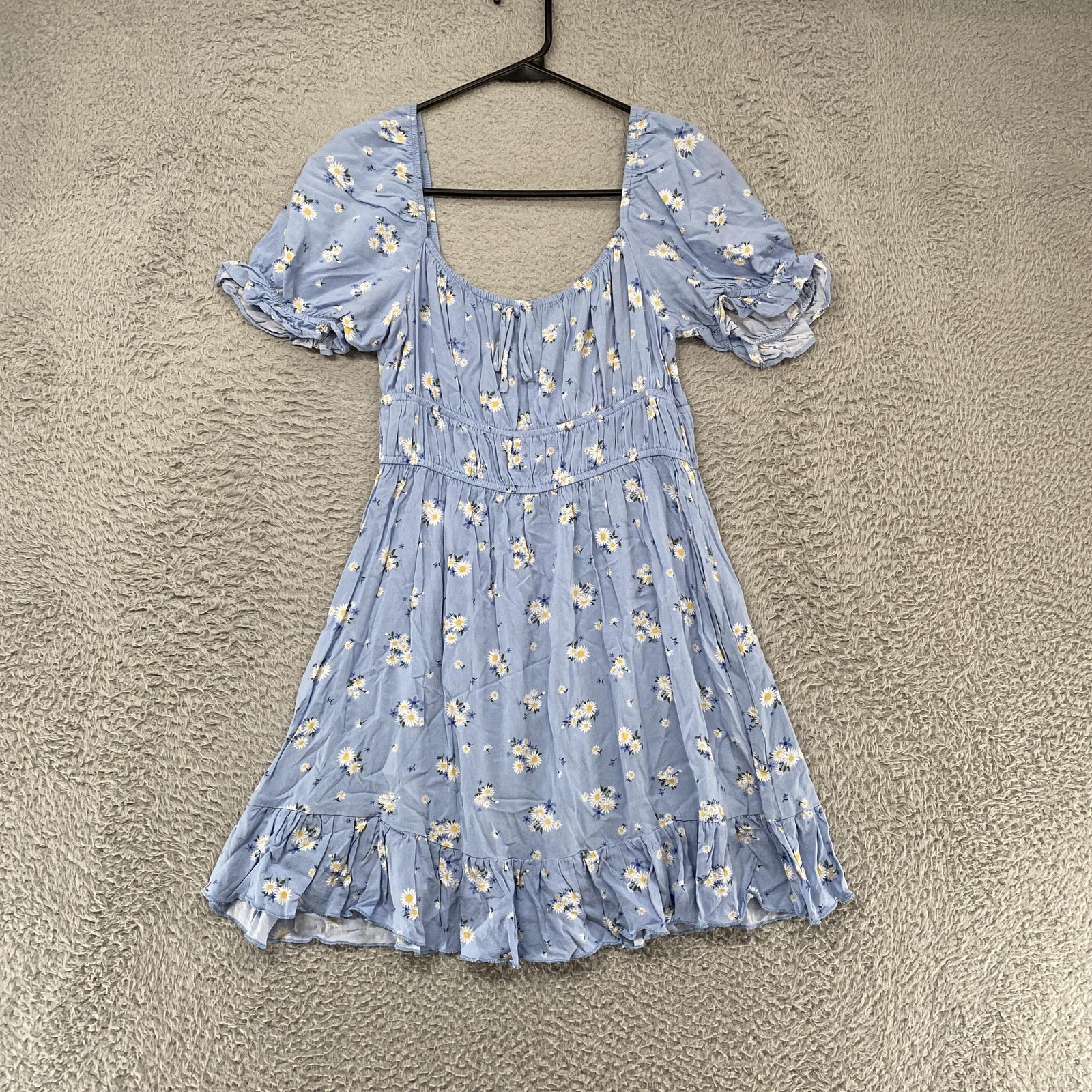 Altar’d State Milkmaid Dress Womens L Blue Daisy Floral Puff Sleeve Mini Boho