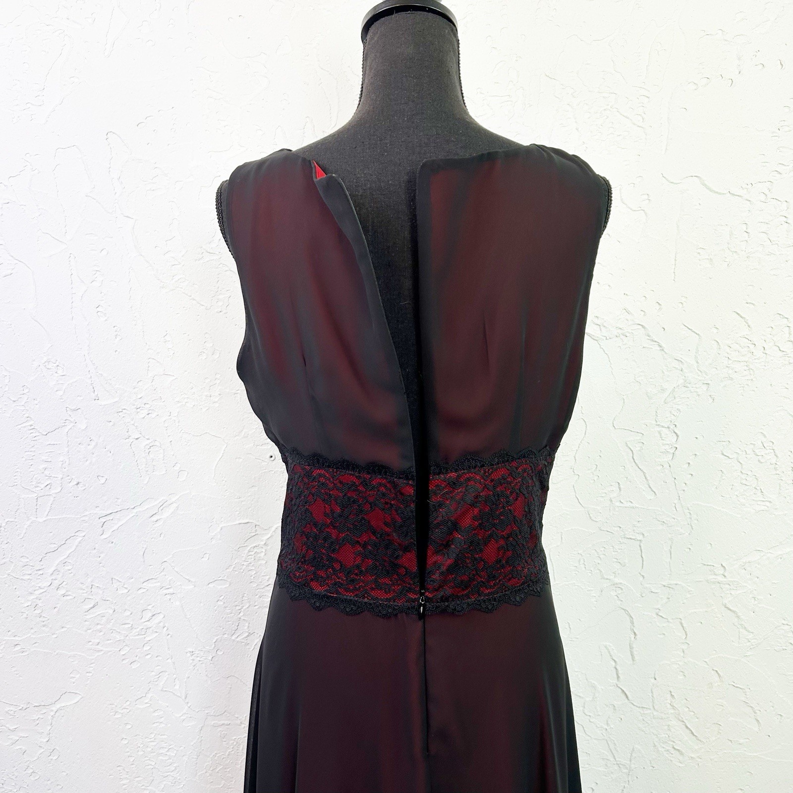 Vintage 90s Y2K Black Red Lining Mesh Lace Sheer Midi Dress Goth Whimygoth 12