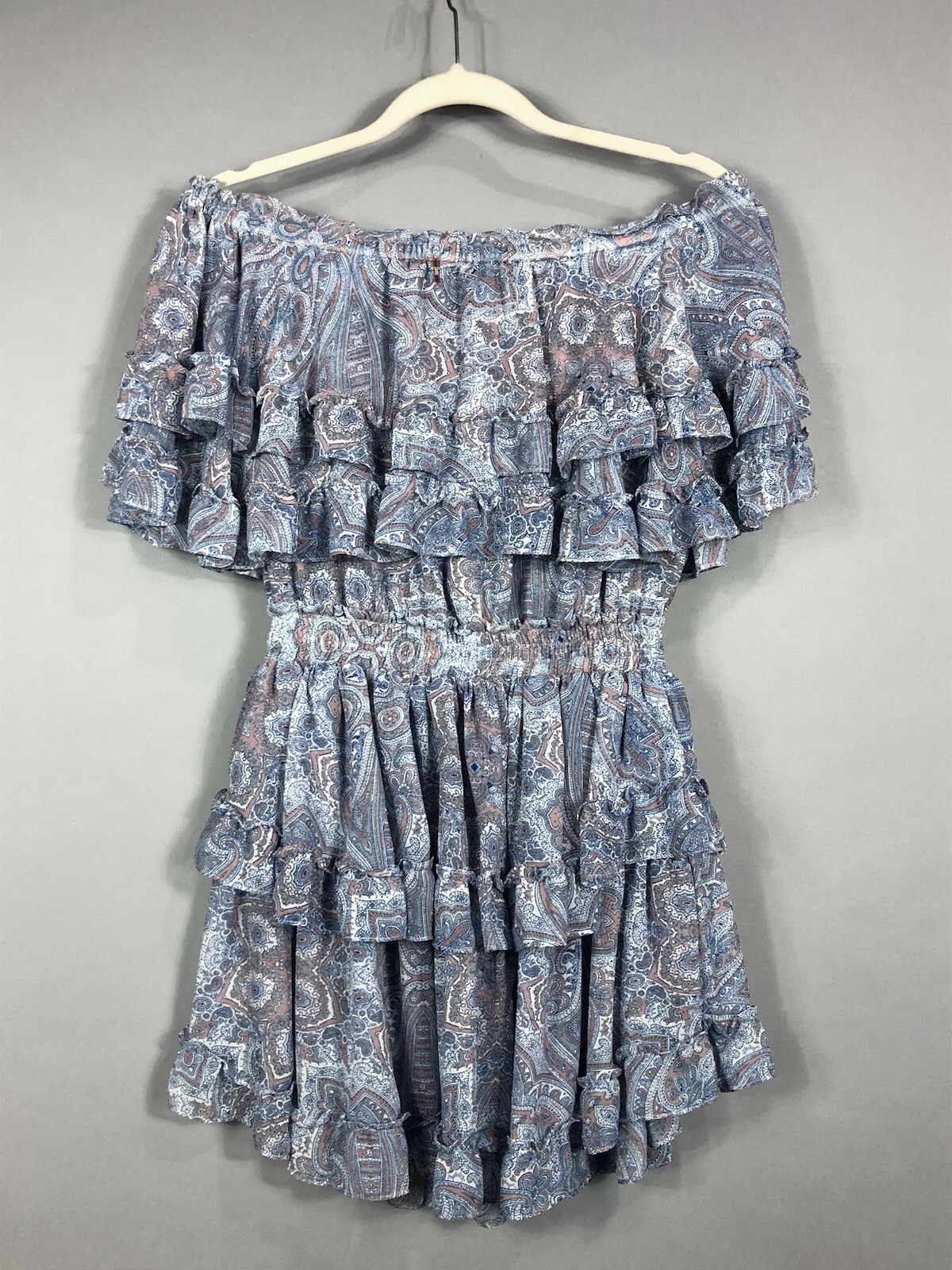 Misa Los Angeles Kailey Paisley Ruffled Off Shoulder Mini Dress SZ S Blue Tiered