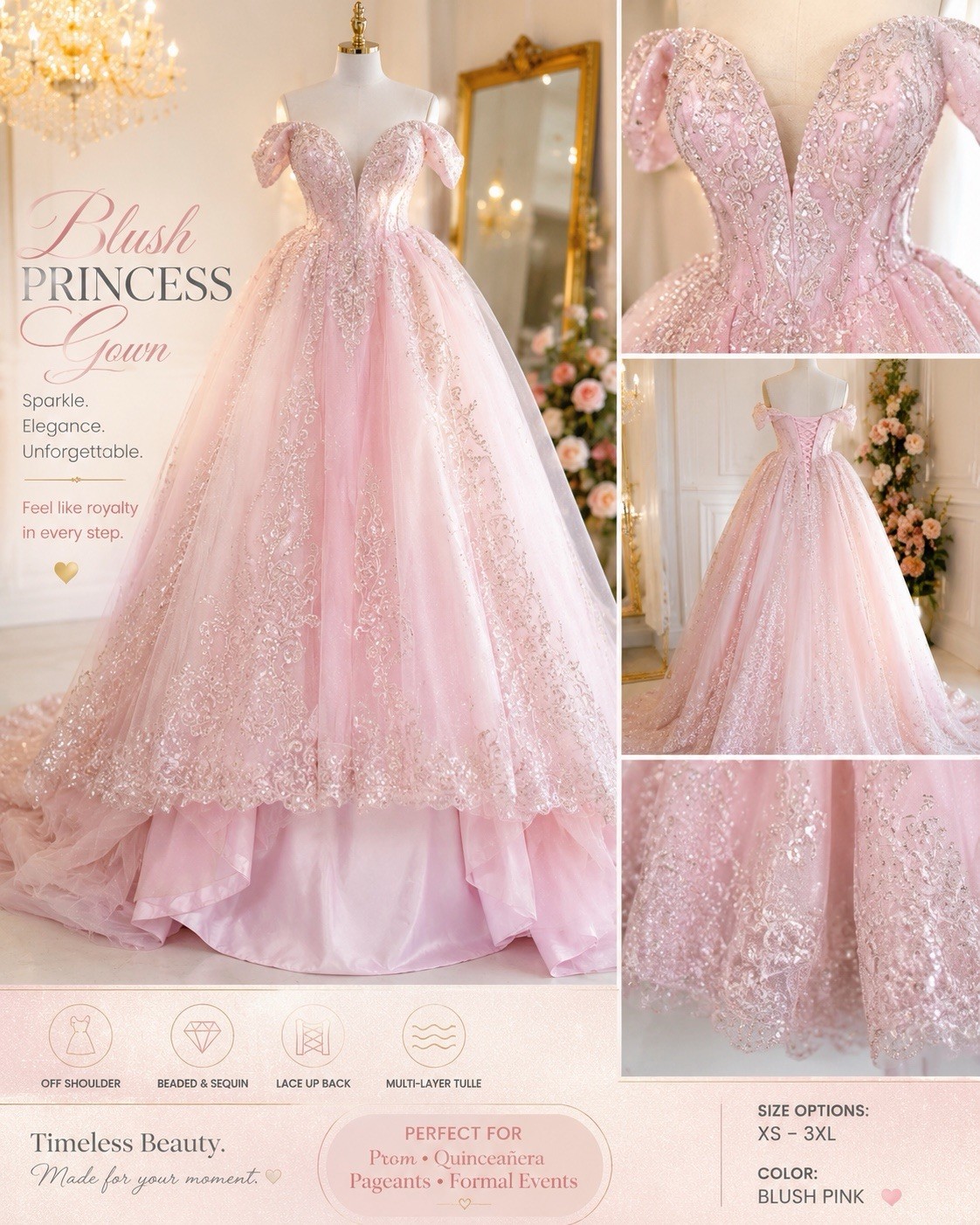 Womens Pink Ball Gown Dress Long Sweetheart Off Shoulder Princess Plus Size NEW