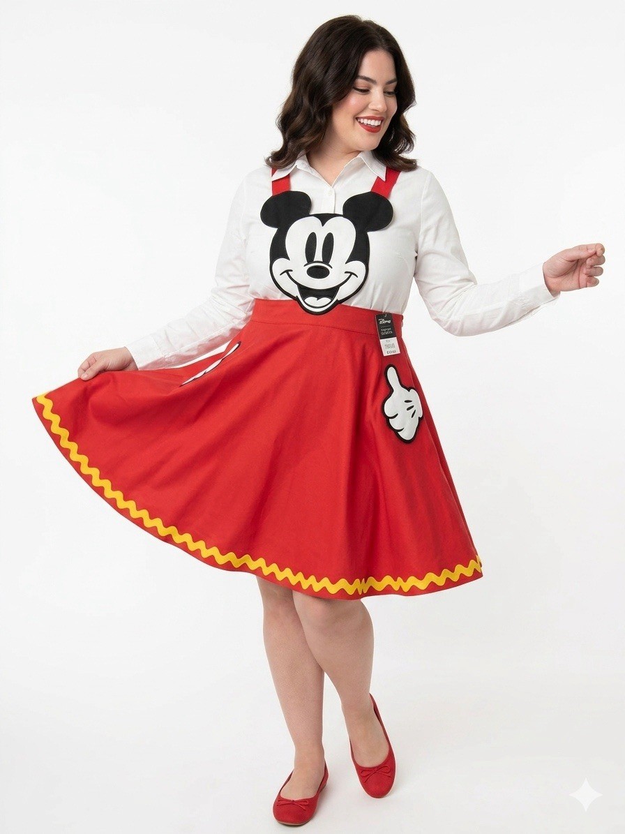 Disney x Unique Vintage Mickey Mouse Face Pinafore Skirt Red Ric Rac retro magic