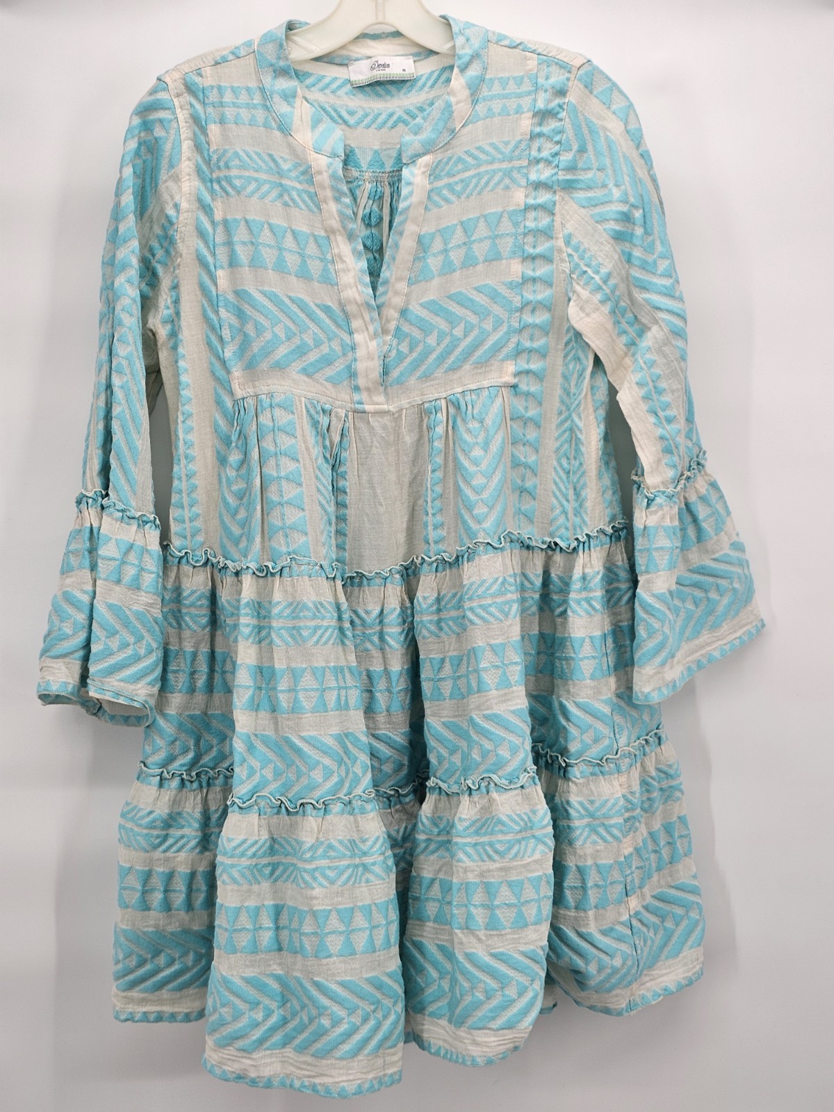 DEVOTION TWINS Ella Tunic Dress Teal Cream Geometric Boho Tiered Women’s Medium