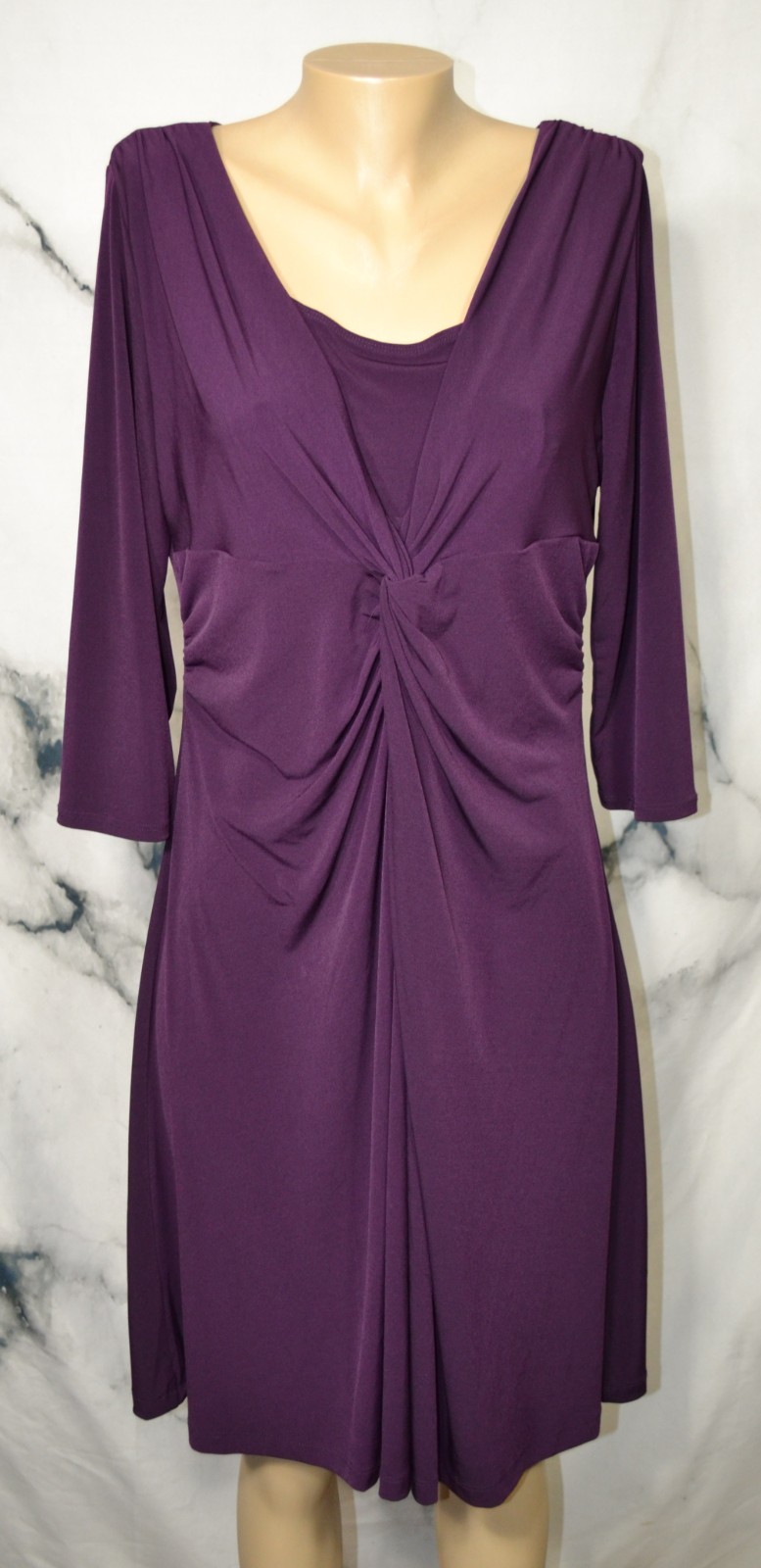 FASHION BUG Purple 3/4 Sleeve Dress XL Twist Accent at Empire Waist Lined Bodice