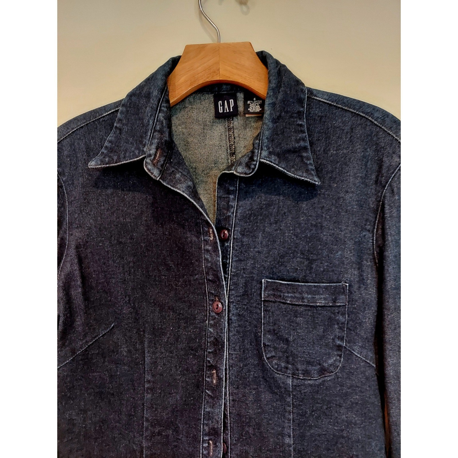 Gap Womens Dark Wash Classic Denim Shirt Dress Blue 3/4 Sleeve Cotton Blend 6