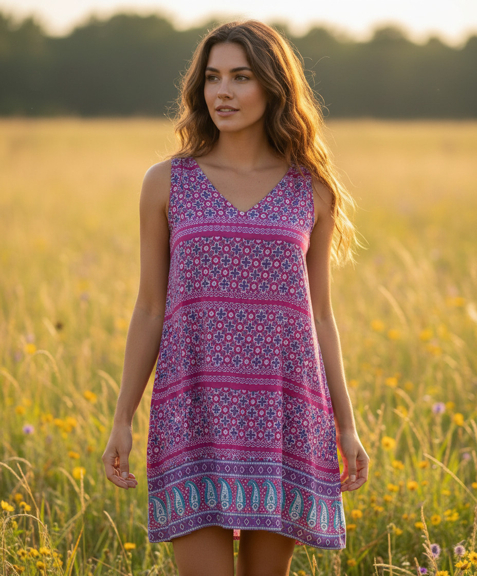 Old Navy Mini Tank Dress Purple Paisley Fuchsia Shift Boho Festival Indie Art SP