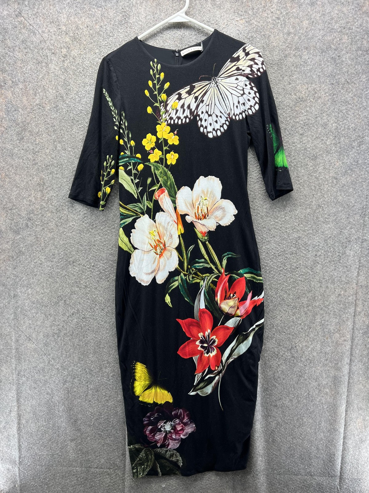 Alice + Olivia Dress Women 12 Black Floral Butterfly Midi Sheath Half Sleeve NEW
