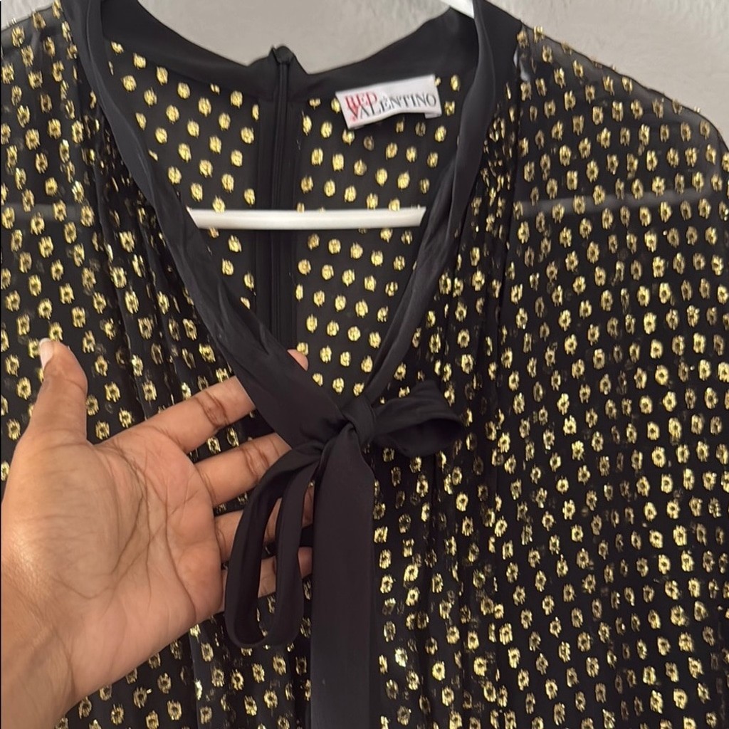 RED Valentino Black and Gold Bishop Sleeve cocktail dress pussybow