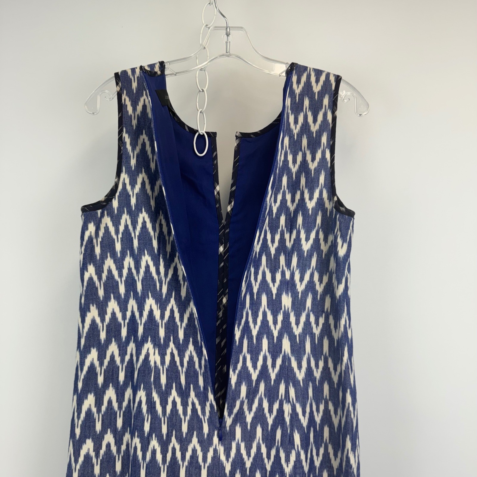 J.Crew Blue White Ikat Chevron Cotton Shift Dress Split Neck Womens 2 RN77388