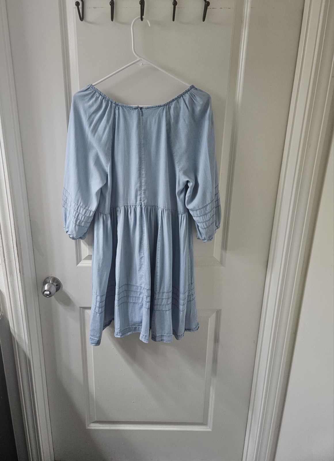 FOREVER 21 Denim Mini Dress Blue Solid V-Neck 3/4 Puff Sleeve Smocked Zip M