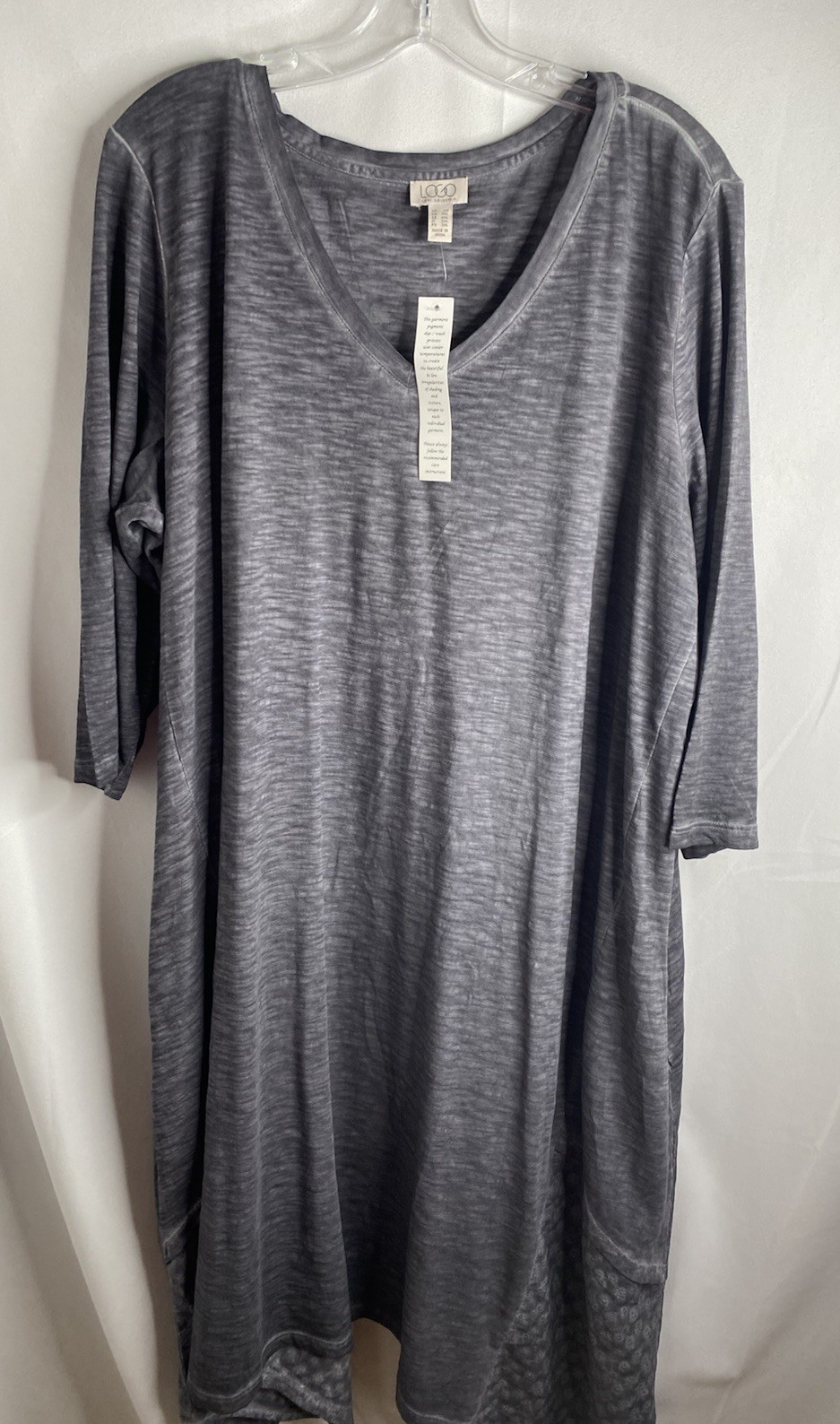 LOGO Laurie G 3/4 sleeve Gray embroidered Dress Shark Bite Hem Pockets NEW 2X