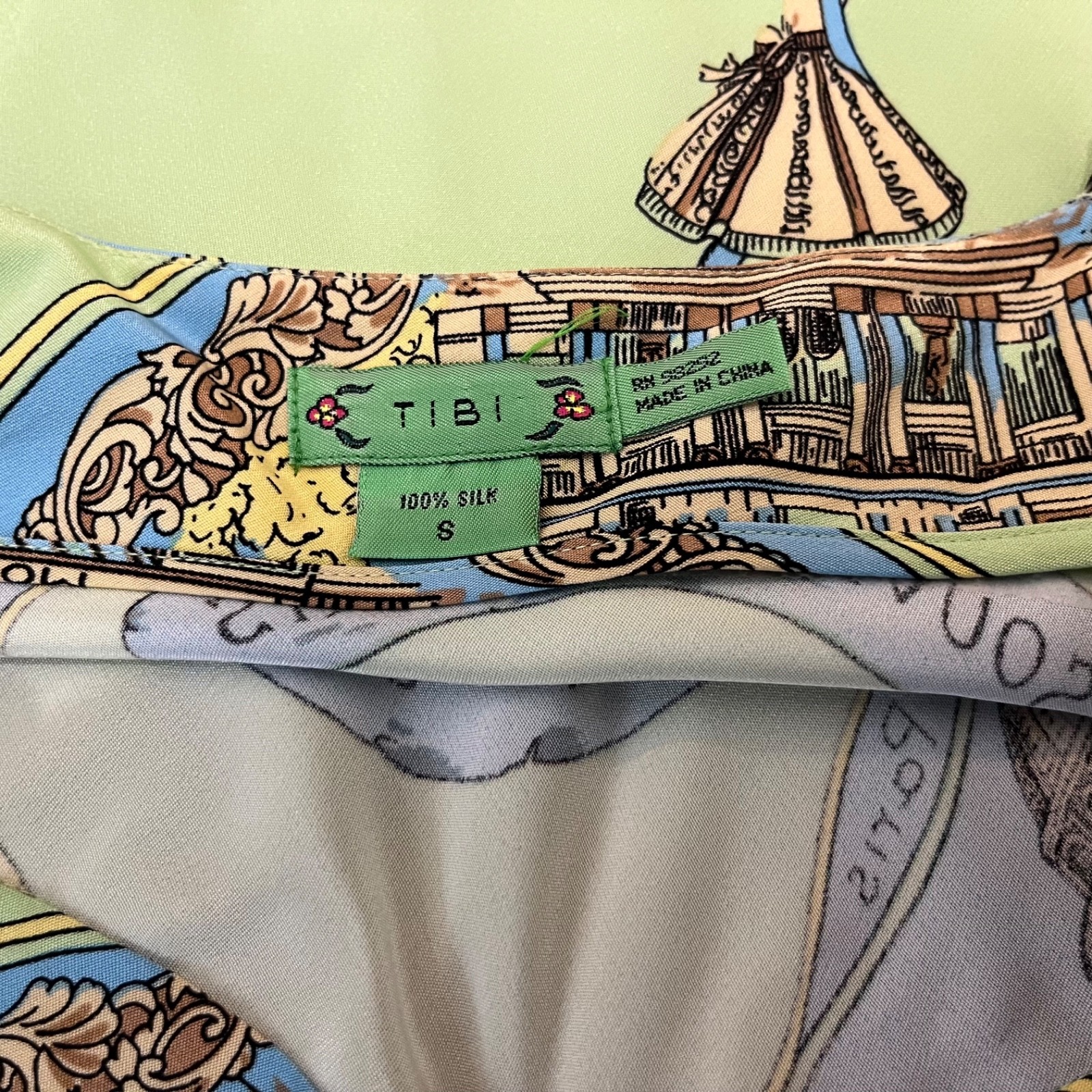 Vtg RARE Tibi Y2K “Paris Souvenir” Scarf Print 100% Silk Slip Dress Archival Sm