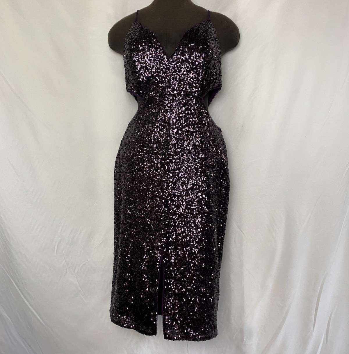GB Purple Sequin Bodycon Dress Cutout Sides Sparkle Party Gown NWT $209 – Sz 11