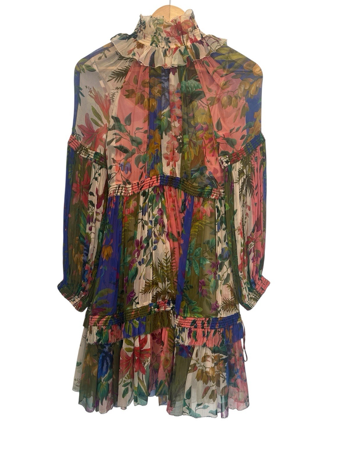 Zimmermann Tropicana Lantern Mini Spliced Dress Size 1 AU 10 US 6 Silk Tropical