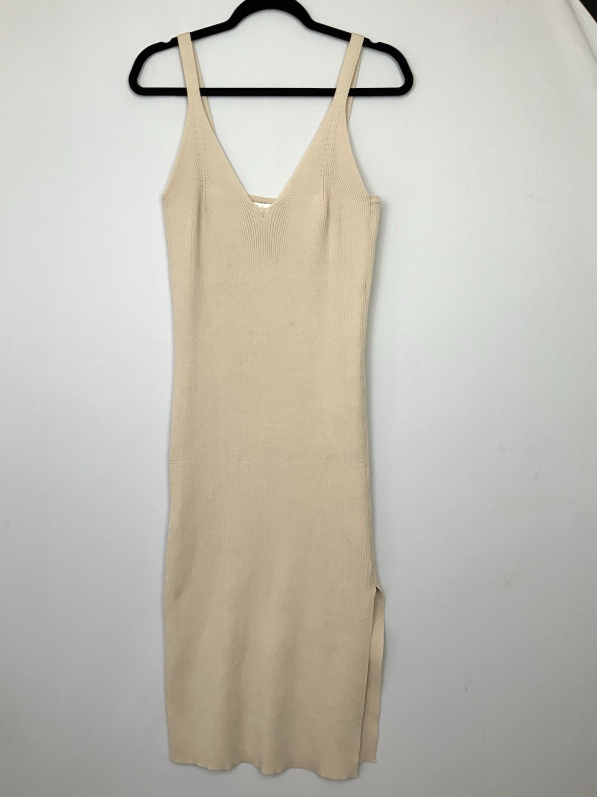 Hunter & Brown Sz Large Beige Oatmeal Ribbed Knit Sleeveless Bodycon Midi Dress