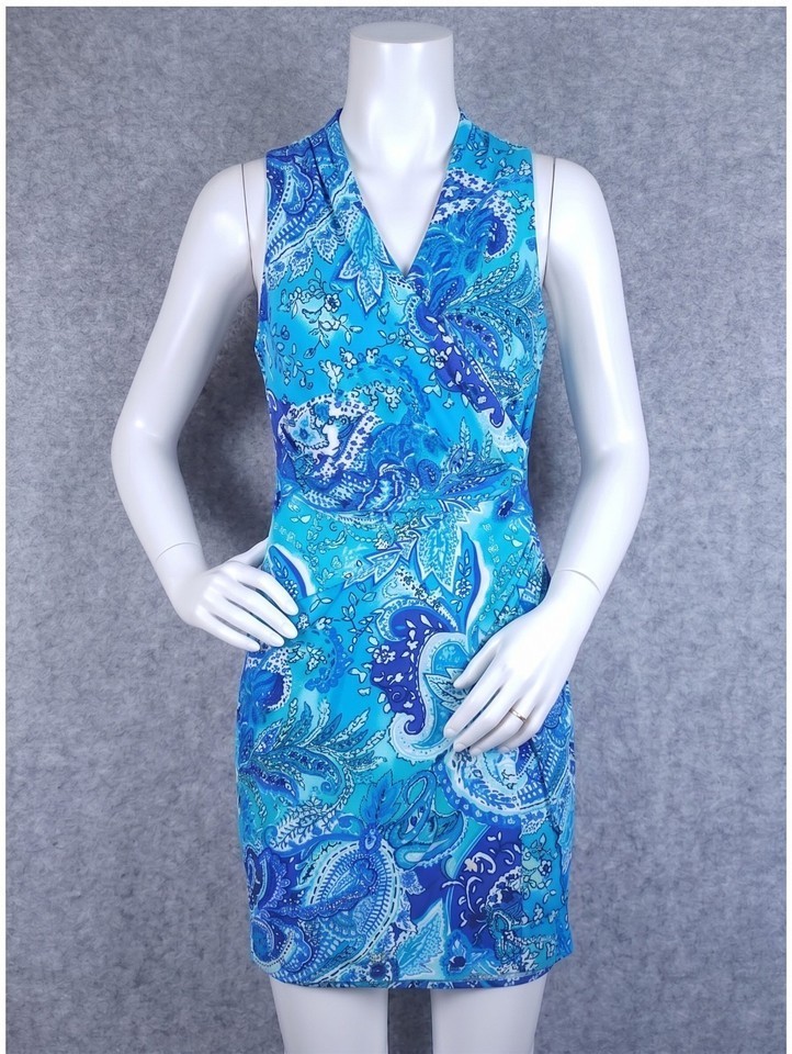 Lauren Ralph Lauren Faux Wrap Dress Womens 6 Blue Turquoise Paisley Sleeveless