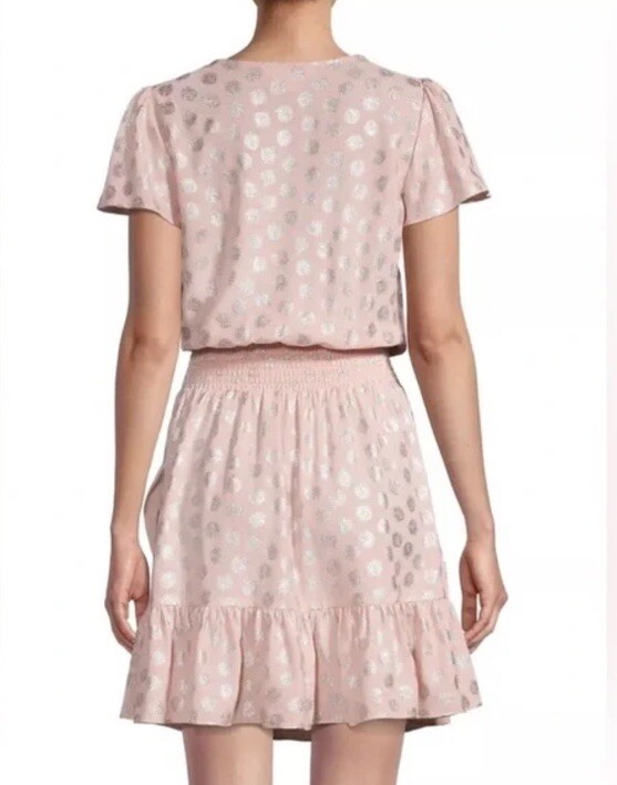 Michael Kors S Wrap Ruffled Flutter Sleeve Smocked Rosewater Silver Print Dress