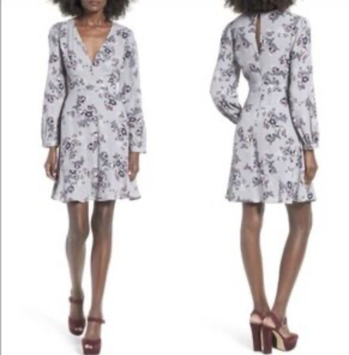 Astr The Label Floral Mini Dress SM Long Sleeve V Neck Gray & Purple Revolve EUC