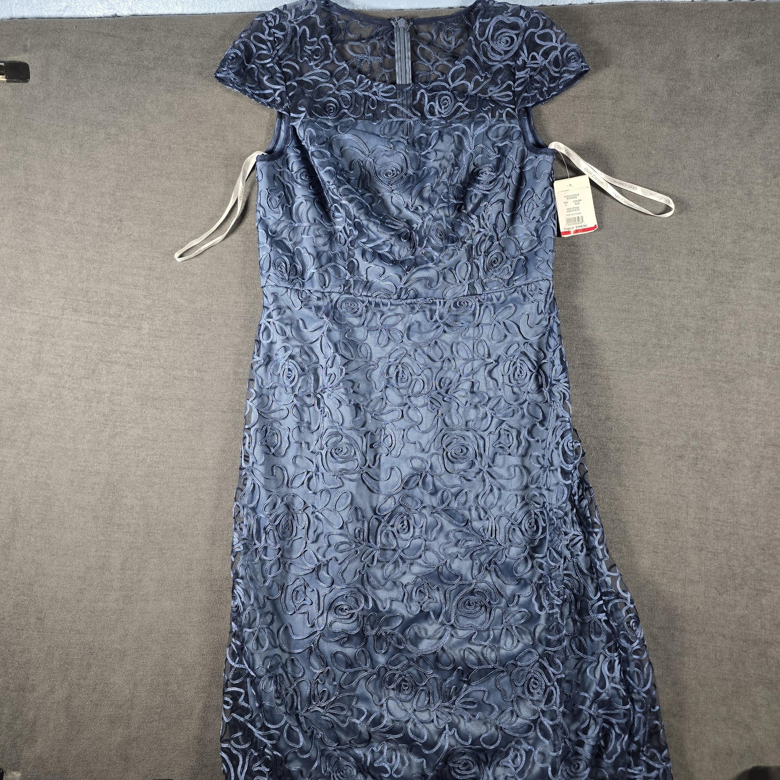 Oleg Cassini Dress Womens 10 Blue Lace Sheath Floral Embroidered Midi Cap Sleeve