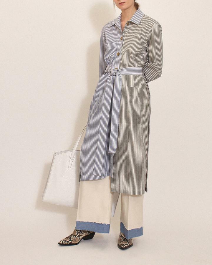 REJINA PYO Black Blue Stripe Asymmetric Tie Waist Cotton Button Shirt Dress M 8