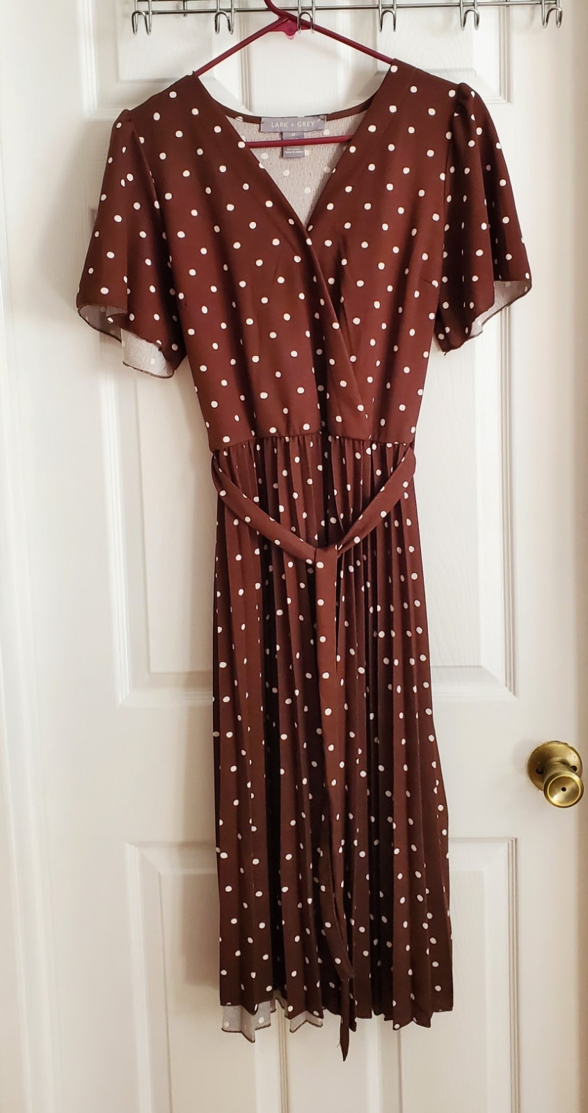 Brown + White Polka Dot Midi Dress with Pleated Bottom – LARK & GREY NWOT Size M