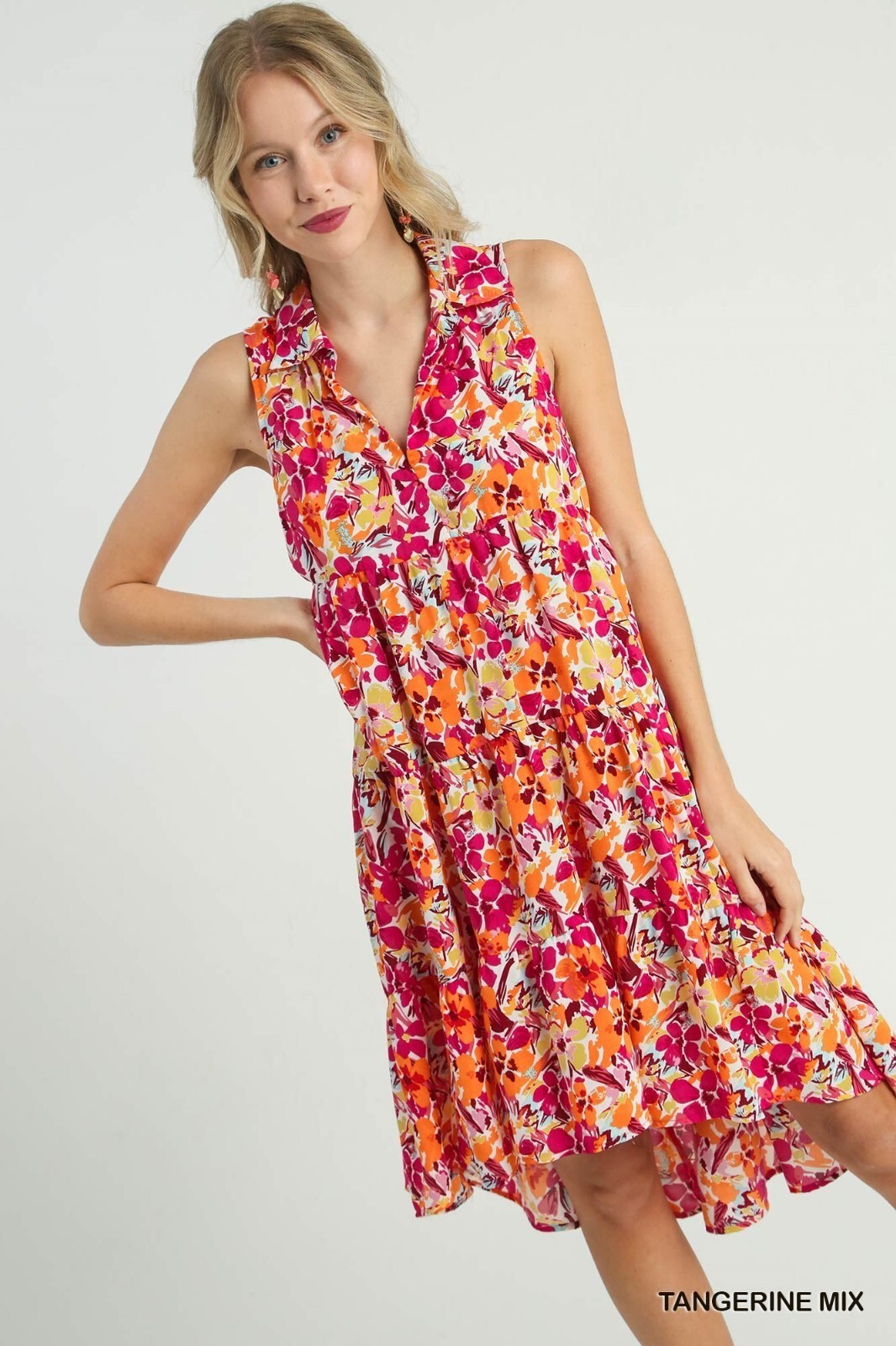 Umgee Multi Floral Print Sleeveless Collared Split Neck Tiered Midi Hi Lo Dress