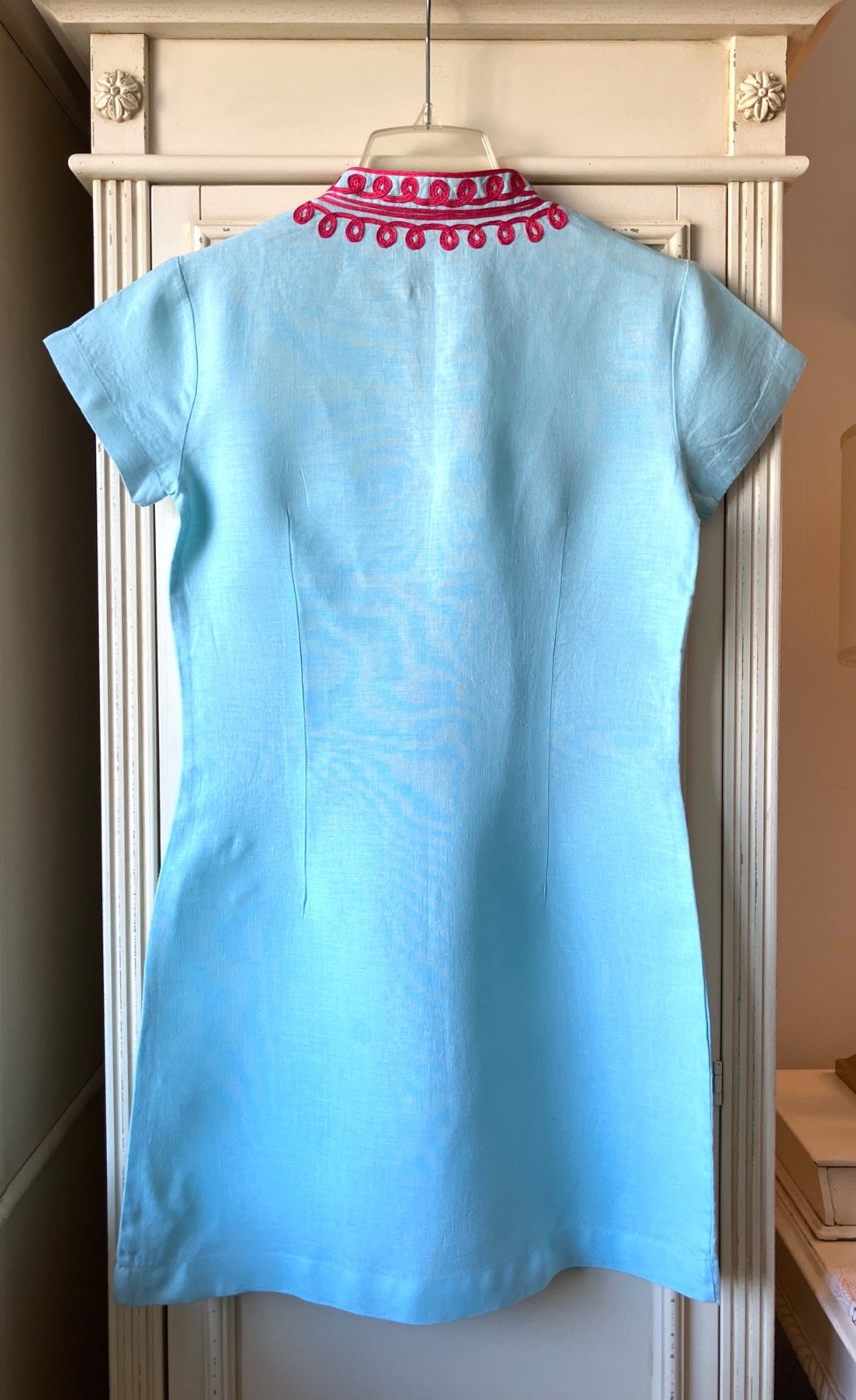 Lily Pulitzer Sky Blue Linen Shift Dress Hot Pink Braided Neck XS–Excel Cond