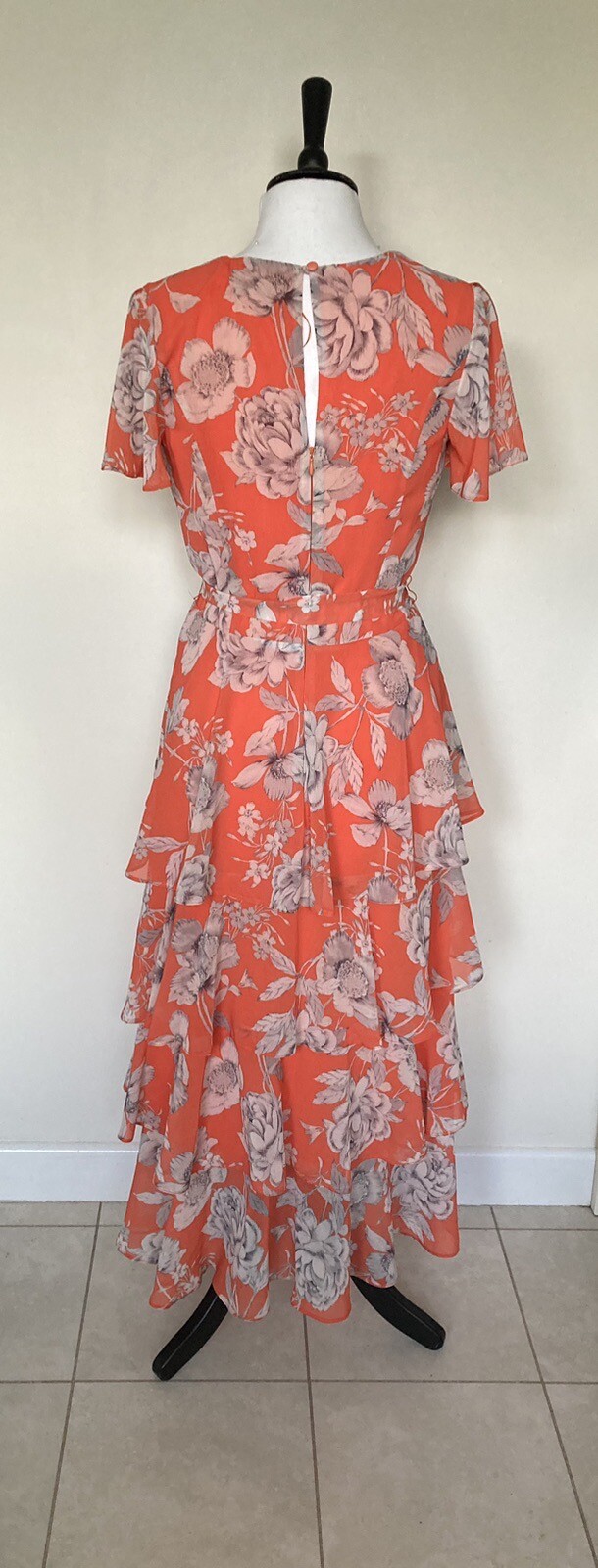 ROMAN ~ Orange Floral Short Floaty Sleeve Ruffle Layered Dress Sz 10