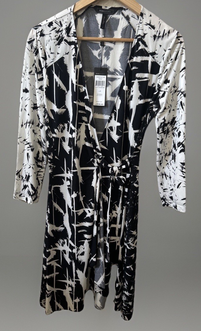 BCBGMAXAZRIA Small Adele Black Comb Printed Jersey Stretch Wrap Dress MSRP $198