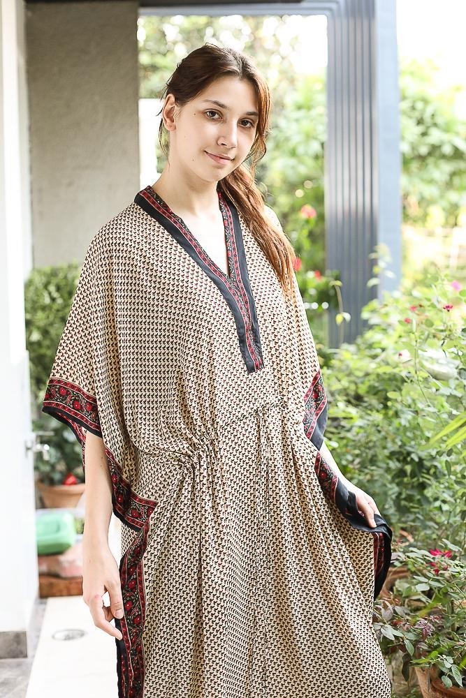 Silk Beige Kaftan / Handmade Flowy Maxi Dress / Resort Wear Outfit PS MFN1023