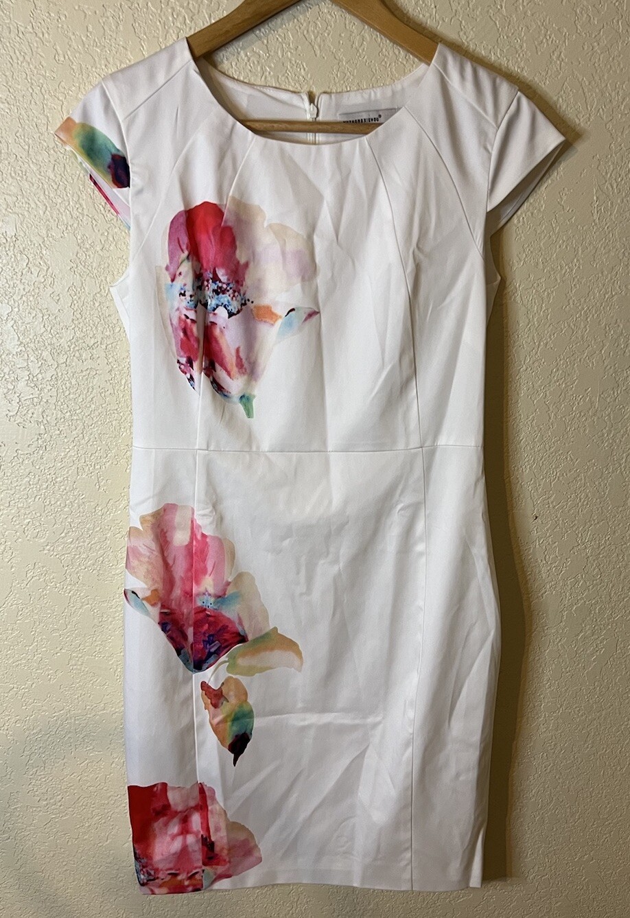 Women Yuzhongxiehou White Cap Sleeve Sleek Stretch Floral A Line Dress Size 8