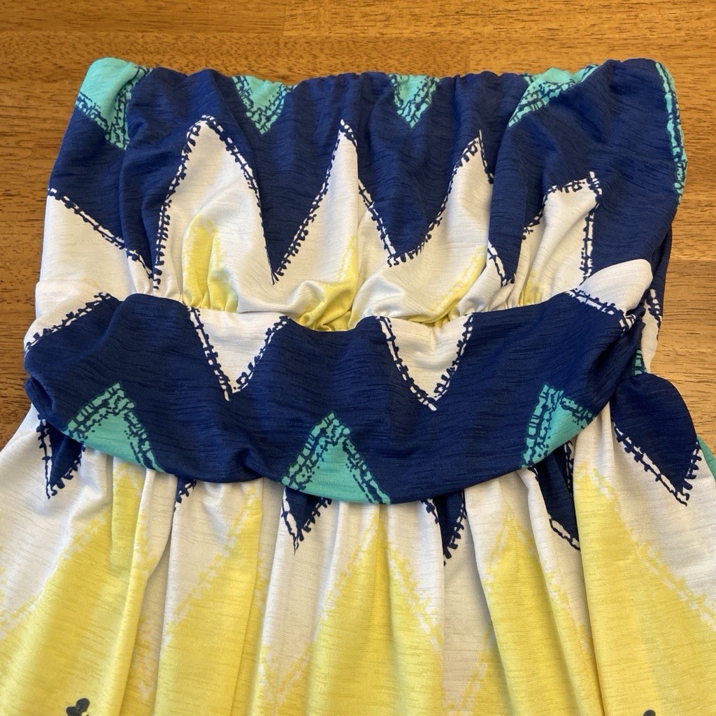 Strapless Chevron Smocked Ruched Midi Sundress Size S Polyester Blue Yellow