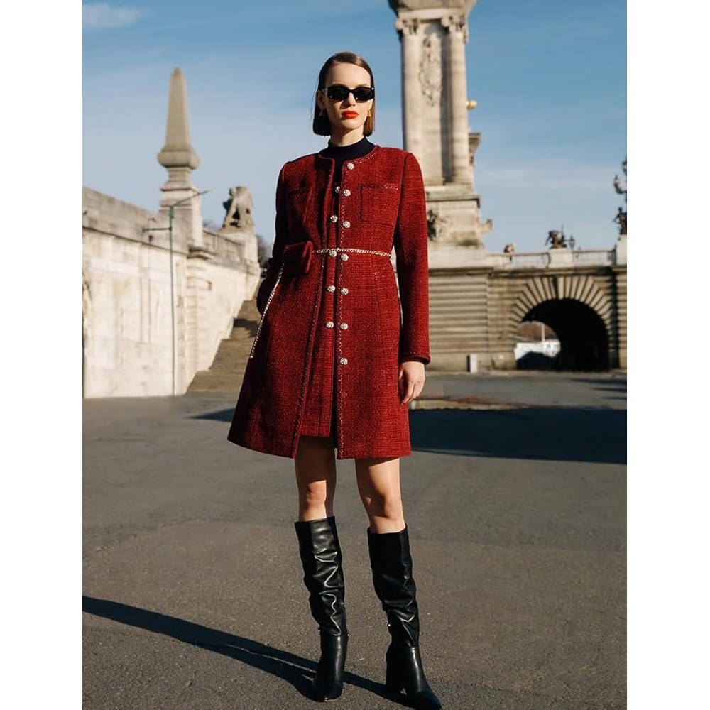 GOELIA Red Tweed Button Front Mini Coat Dress Belted US 6 EU 38 Medium