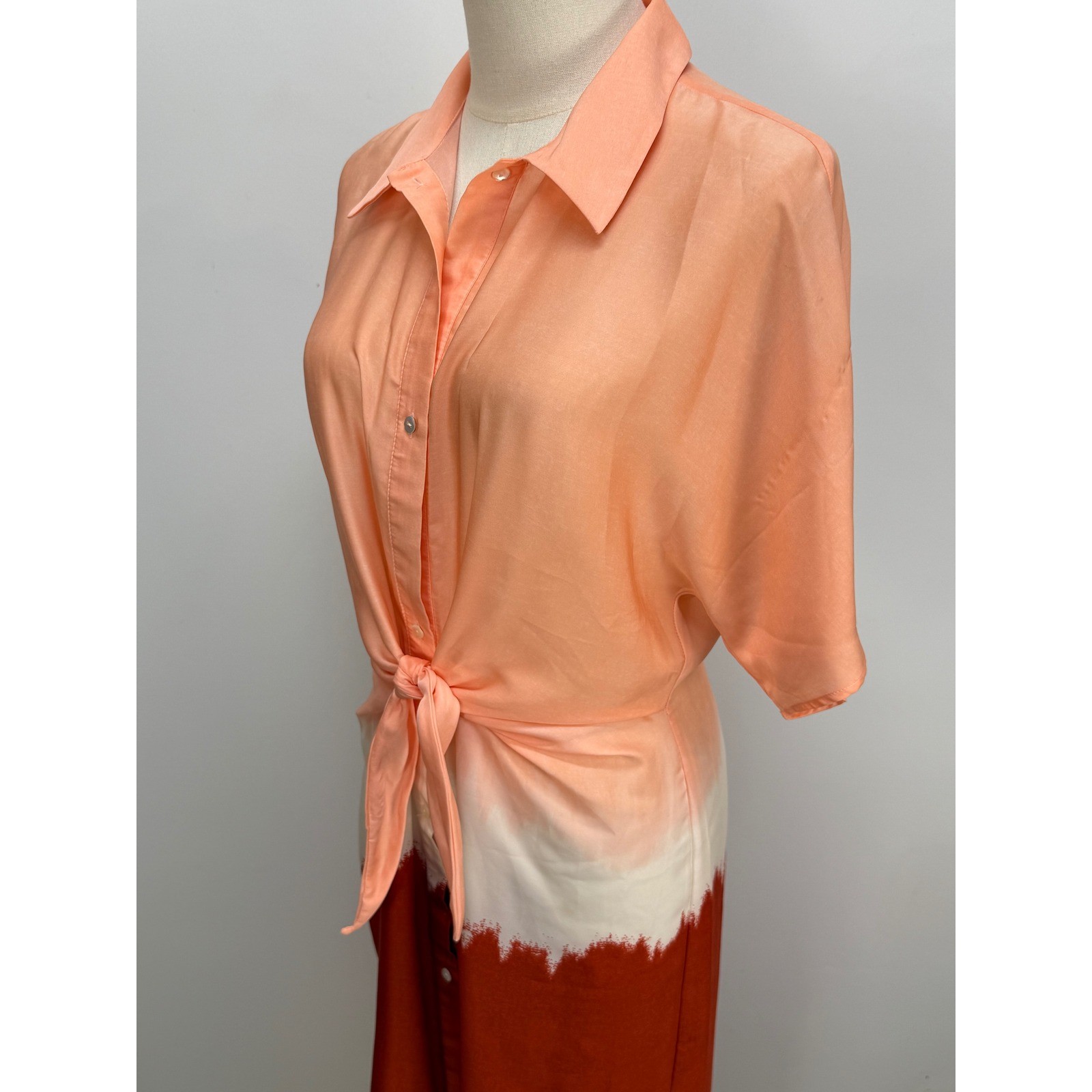 Anthropologie Mango Tie-Front Dip-Dye Midi Shirt Dress Peach Orange Rust Ombre