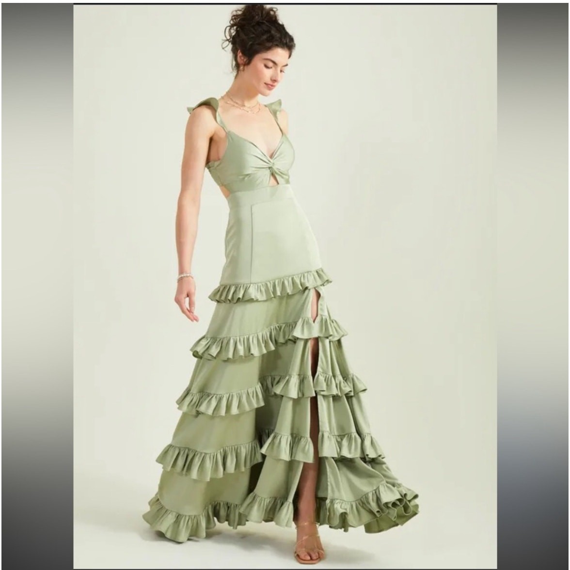Altar’d State Alana Marie Basil Green Tiered Ruffle Maxi Dress, Size Large