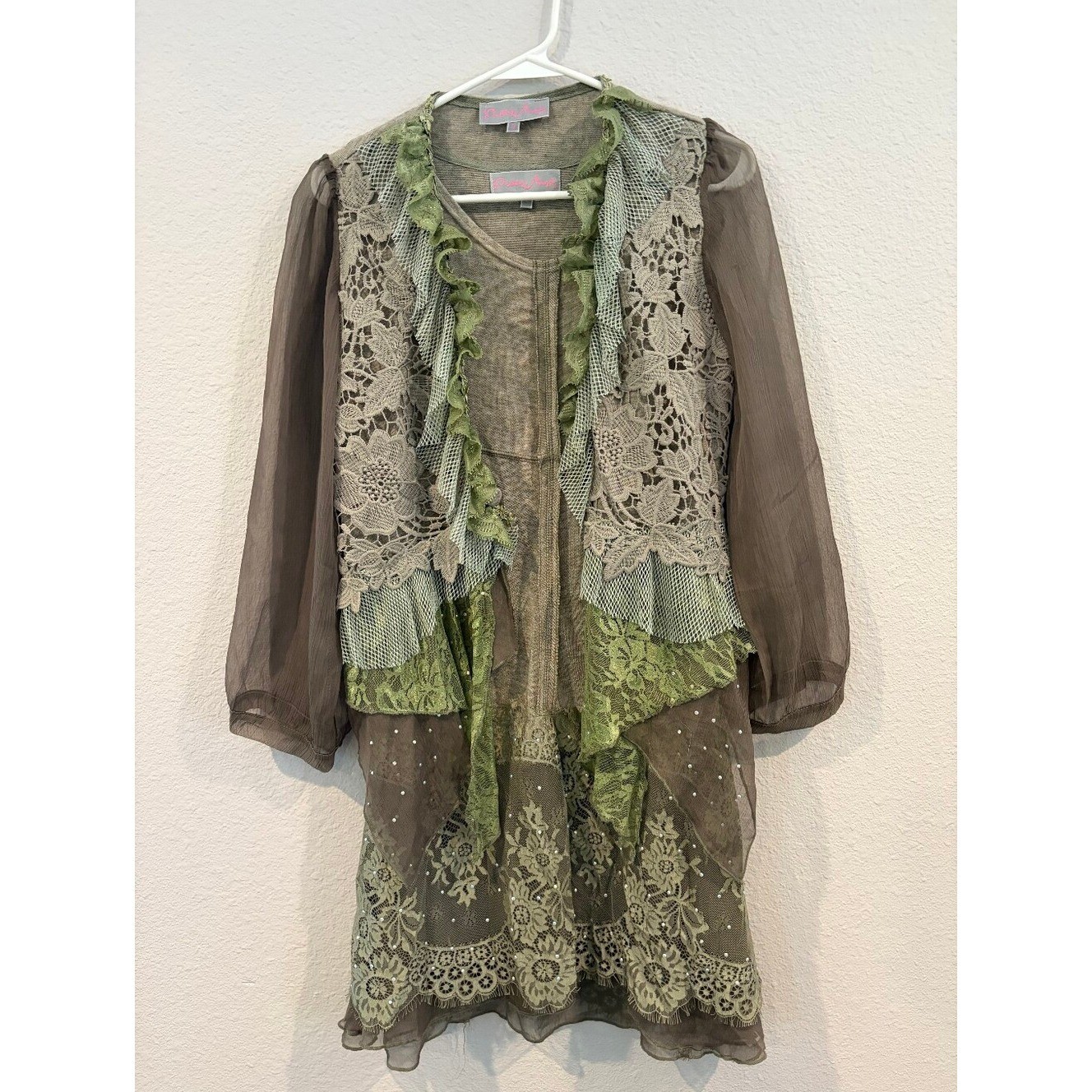 Pretty Angel Womens Green Mystical Lace Mesh Ruffle Rhinestone Dress Cardigan Sm