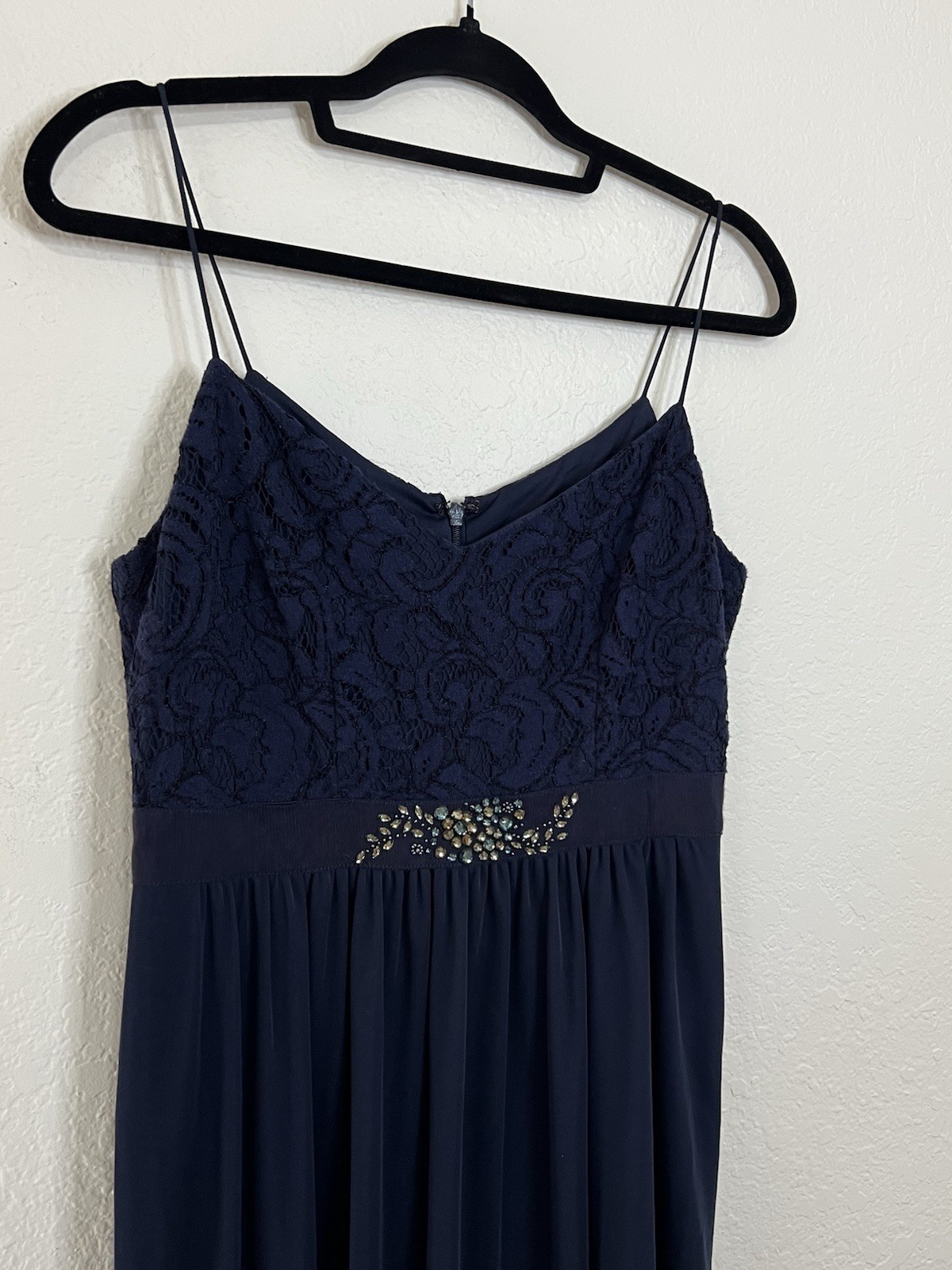 Adrianna Papell Navy Blue Long Formal Rhinestone Lace Gown Dress Women’s Size 8