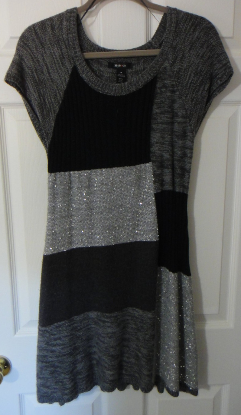 Style & Co Women’s Black Gray Silver Sparkle Sweater Dress Size M