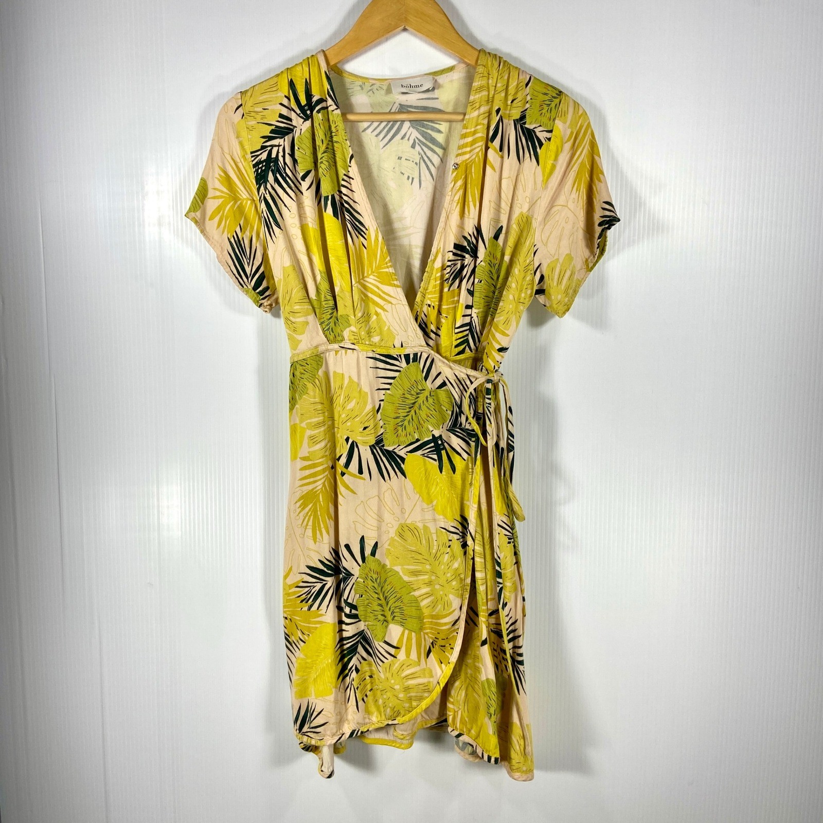 Bohme Shauna Tropical Mini Wrap Dress Apricot Green Yellow Womens Small