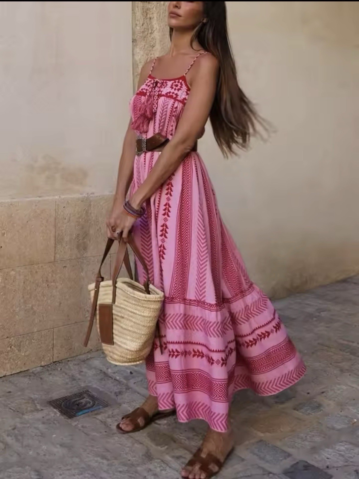 Women Sz L Boho Maxi Dress Crochet Patchwork Sleeveless Long Flowy Swing Dress