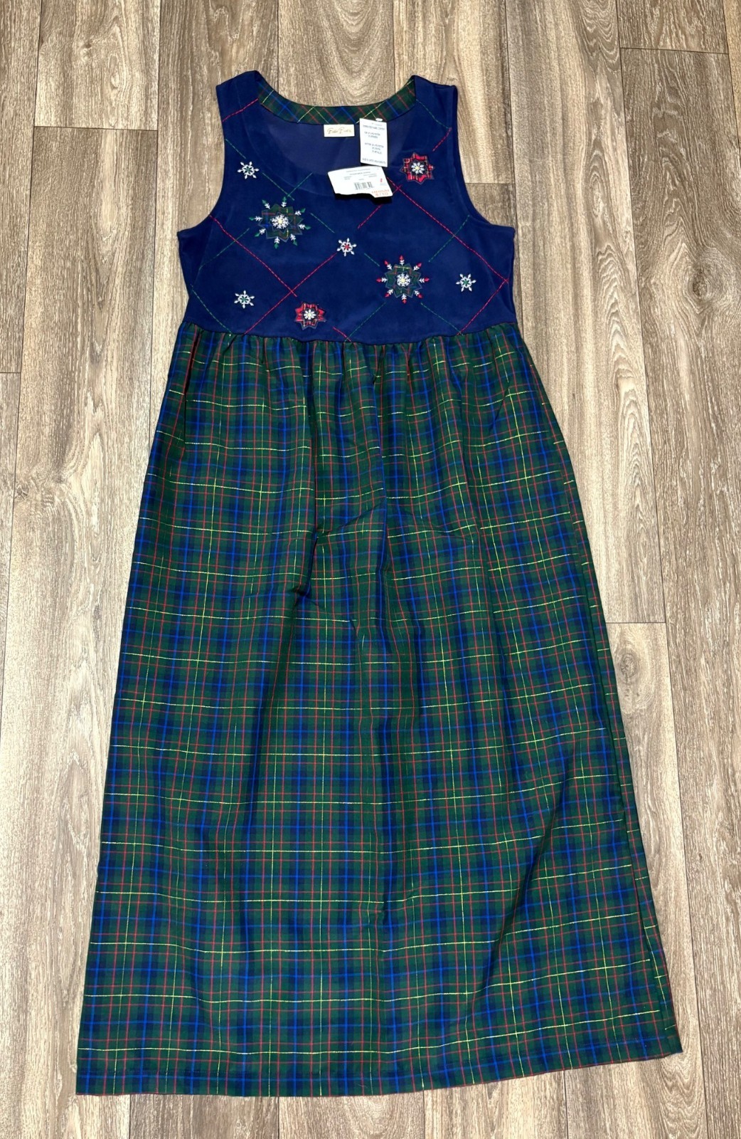 VINTAGE CHRISTMAS MAXI DRESS SCOOP NECK JUMPER WOMENS M 8/10 EMBROIDERY PLAID